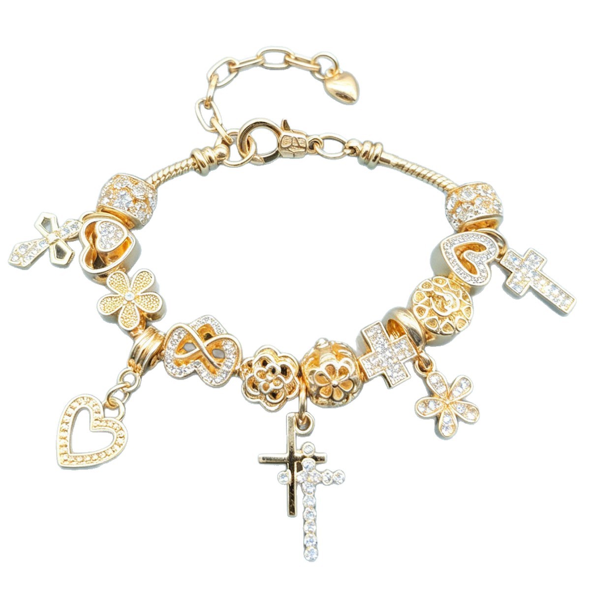 Brazalete de diamante de Panjia doble cruz transfronteriza explosión de mano pesada brazalete de flores huecas colgante de corazón joyas personales image 6