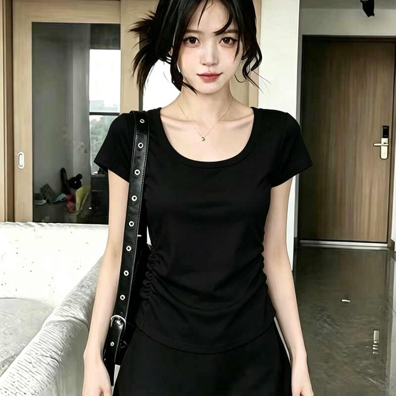 Summer Wholesale Modal Rayon 260g Square Neck Short-Sleeve T-Shirt for Women, Slim Fit, Waist-Cinching, Solid Color Base Shirt Summer Wholesale Modal Rayon 260g Square Neck Short-Sleeve T-Shirt for Women, Slim Fit, Waist-Cinching, Solid Color Base Shirt