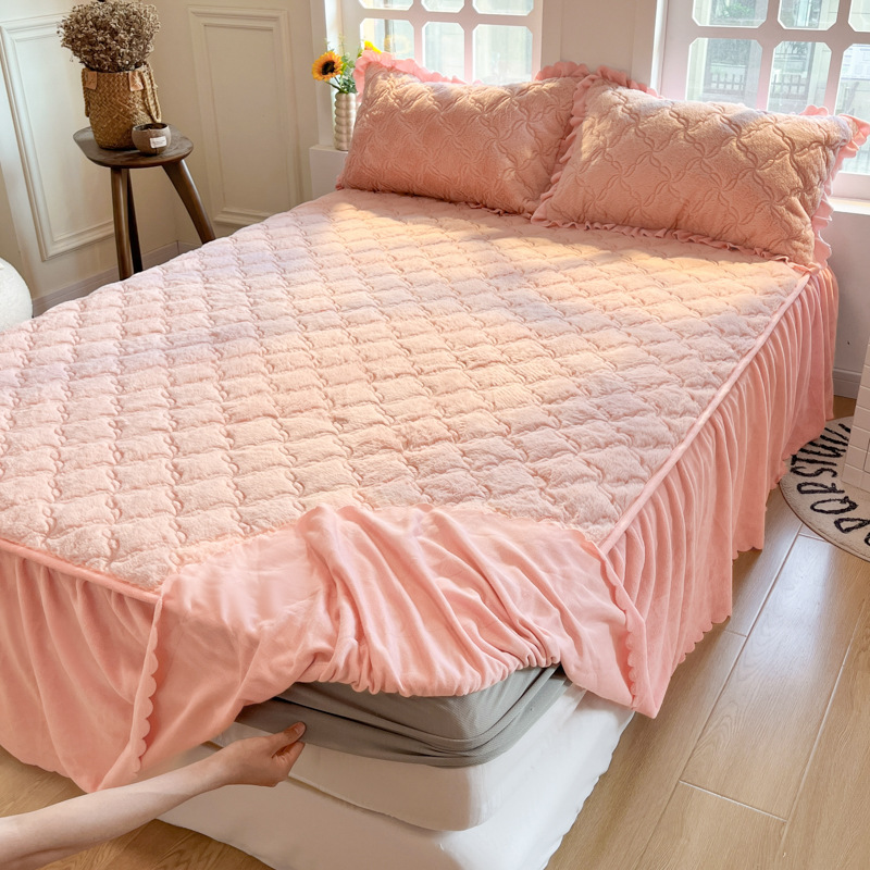 2024 nueva ropa de cama acolchada de lana de conejo estilo falda de cama