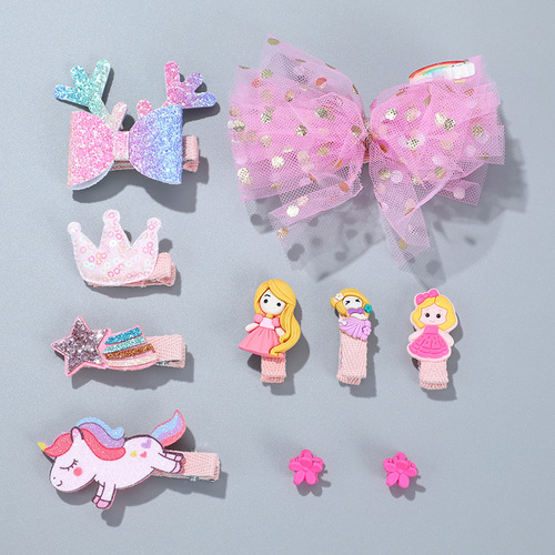 Korean children's hair accessories set cartoon bow cute princess hair clip girls hair card gift box 10-piece set of hair accessories