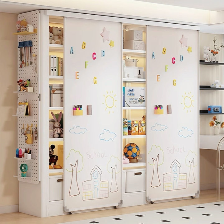 Household Whiteboard Sliding Door Bookshelf Living Room Study Integrated Multi-Layer Combination Cabinet Children's Picture Book Shelf Dust-Proof Bookcase