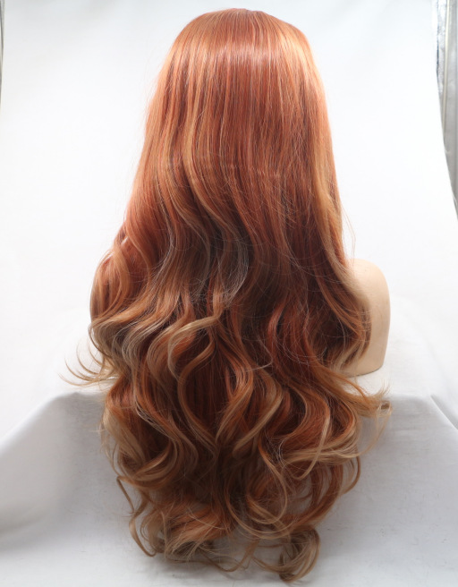 Fibra química frente encaje naranja cabello largo y cabello rizado fábrica al por mayor fibra química peluca de seda de alta temperatura LW0263