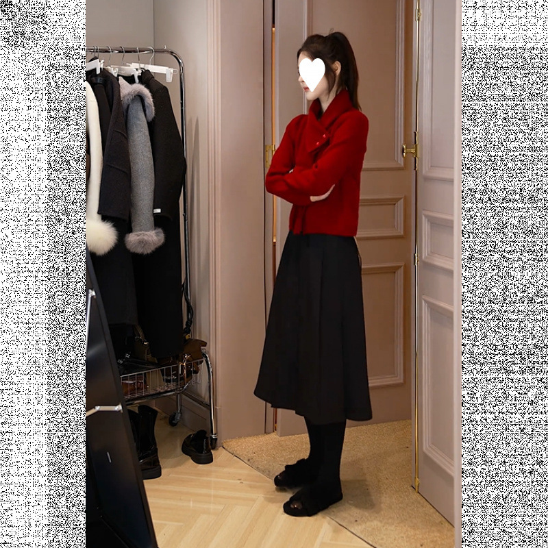 가을 여성의 2025 새로운 한국식 탈착식 스카프 스웨터 올 매치 슬리밍 오버 스커트 투피스 세트