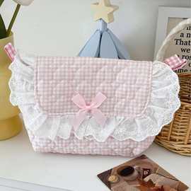 跨境粉蓝格甜心蕾丝斜挎包高颜值时尚百搭甜美清新外出萌妹收纳包