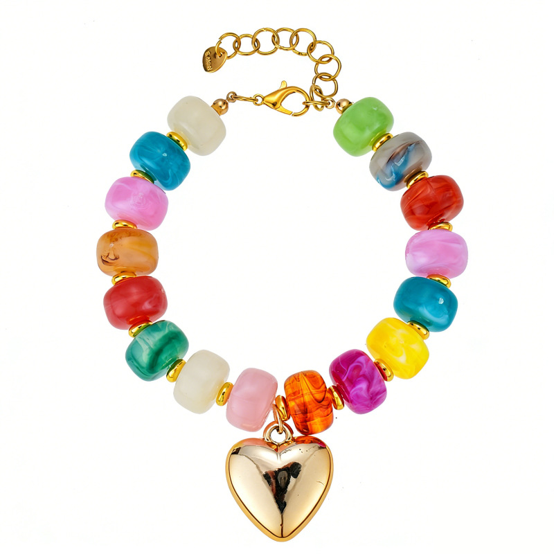 Cross-Border Hot-Selling Colorful Resin Beaded Bracelet with Exaggerated Style, Gold Heart Pendant Bracelet, Irregular Acrylic Hand Jewelry