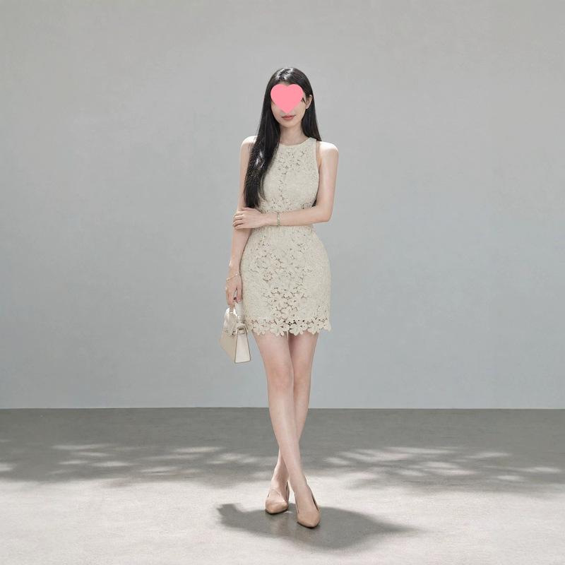 Shuhulei Creamy White French Tea Break Embossed Textured Lace Waist-Cinching Dress in Apricot Color, Southeast Asia Shuhulei Creamy White French Tea Break Embossed Textured Lace Waist-Cinching Dress in Apricot Color, Southeast Asia