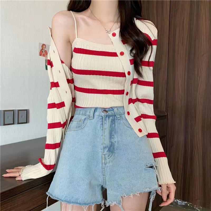 81g Weight Long Sleeve Sleeve Length Single Breasted Placket Type Ice Silk, Polyester Fabric Type Short Top Length Knitwear Tops Type Daily Occasion Round Neck Neckline Slim Fit Type Stripe Pattern Spring, Autumn Season Women's Gender Casual Style Wholesale Women's Ice Silk Polyester Casual Stripe Long Sleeve Sweaters & Cardigans 4
