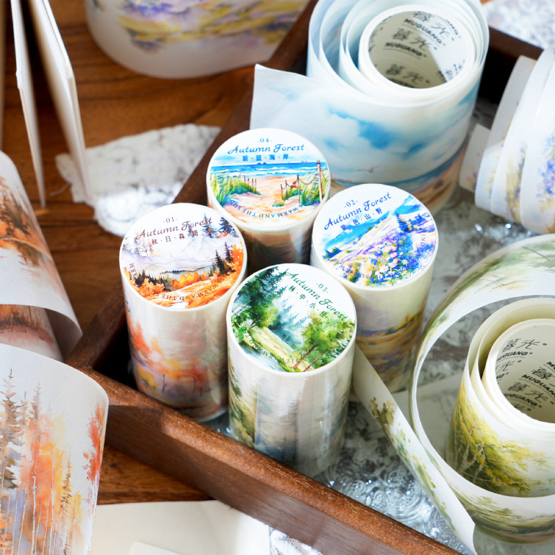 Crepúsculo largo ciclo y cinta adhesiva de papel serie de montañas salvajes bosques de plantas forestales decoración de mano cinta adhesiva collage