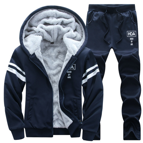 Men's Thicken Fleece Casual Suit Fashion Sweatshirt and Pants Blue Hooded Sport Trend Two-Piece Set