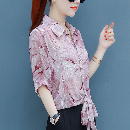 Floral chiffon blouse women's 2025 spring and summer short-sleeve shirt loose stylish mini shirt covers belly slimming shirt