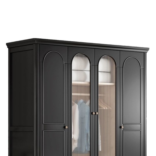 黑色美式实木衣柜家用卧室法式复古对开门玻璃大衣橱四门现代简约
