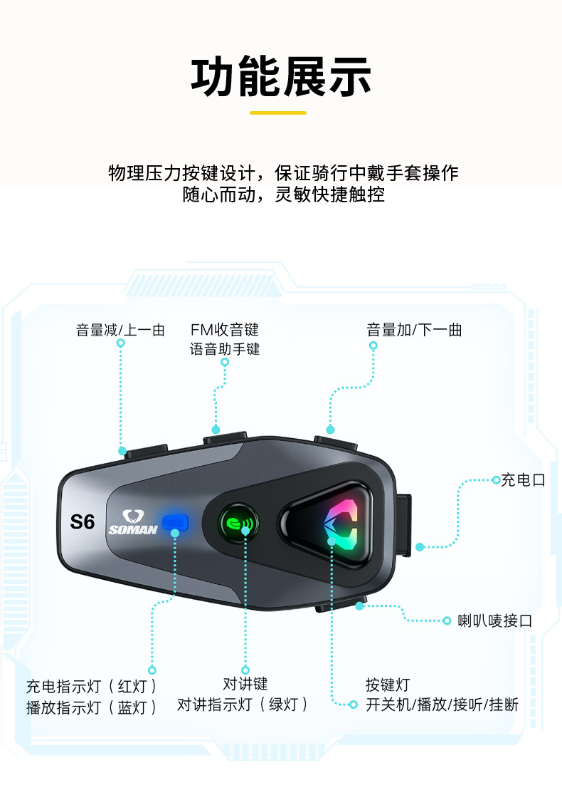 New S6 Helmet Bluetooth Headset for Men, Waterproof and Noise-Cancelling, Outdoor Cycling Motorcycle Helmet Wireless Intercom Headset