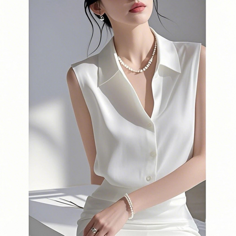 Summer New Korean Style Sleeveless Collared Shirt for Women, Versatile Casual Satin Top with a High-End Feel Summer New Korean Style Sleeveless Collared Shirt for Women, Versatile Casual Satin Top with a High-End Feel