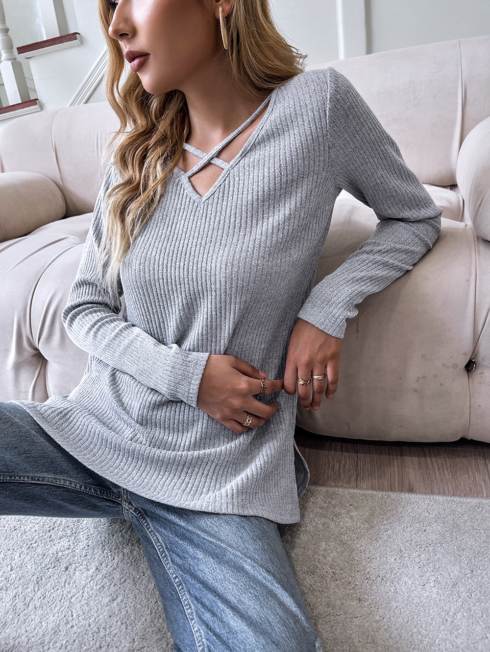  V-neck hollow casual long-sleeved pit strip top nihaostyles wholesale clothing NSDF84895