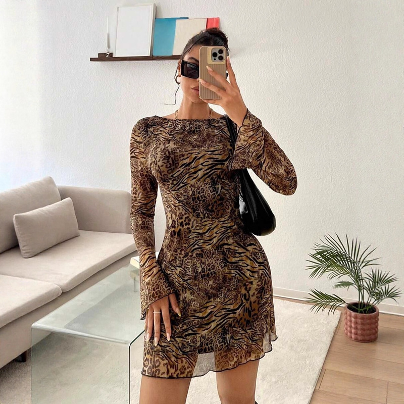 2025 European and American Cross-Border Women's New Sexy Leopard Print Back-Slit Flared Sleeve Mesh Mini Dress 2025 European and American Cross-Border Women's New Sexy Leopard Print Back-Slit Flared Sleeve Mesh Mini Dress
