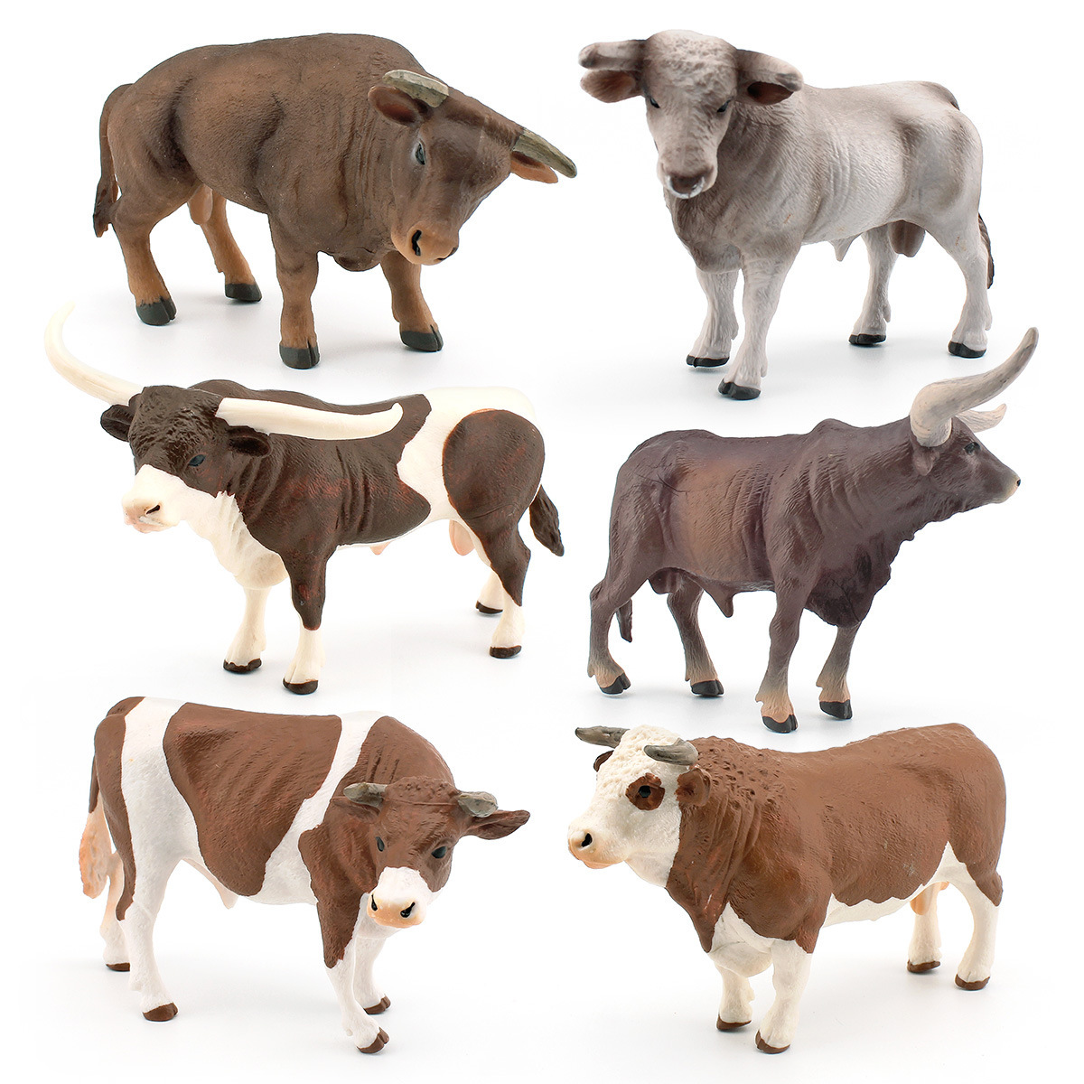 Simulación transfronteriza Rancho granja ganado marrón suizo Simmental Toro aves de corral vaca cuerno largo Bull modelo adornos