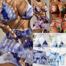 茗漪欧美新款多色性感带大理石印花三件套泳装比基尼bikini女泳衣