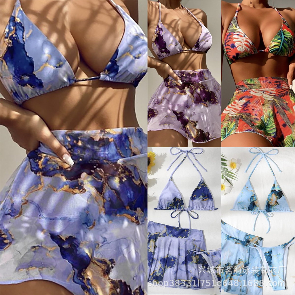 茗漪欧美新款多色性感带大理石印花三件套泳装比基尼bikini女泳衣