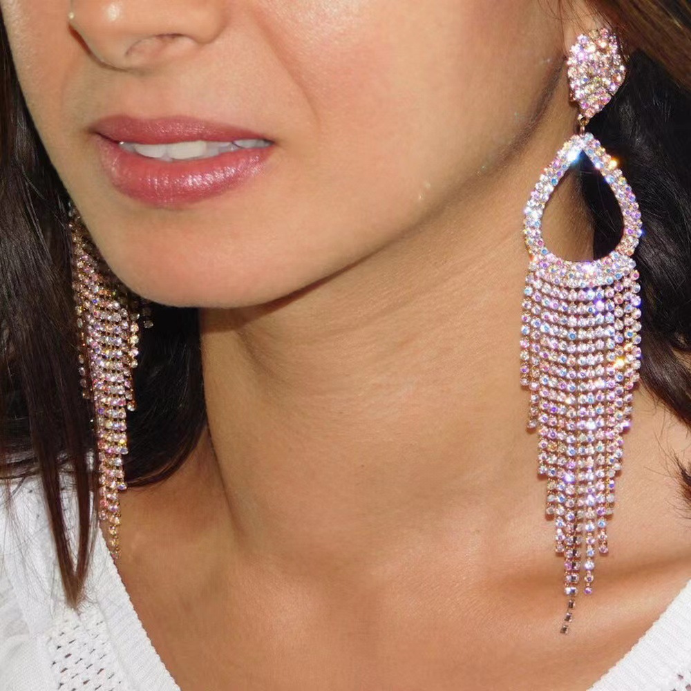 fashion claw chain series geometric alloy rhinestone long tassel womens earringspicture1