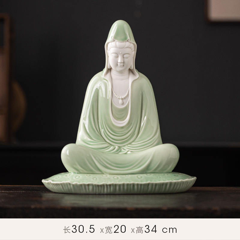 德化陶瓷莲花自在观音菩萨摆件禅意工艺品家居客厅供奉玄关装饰品|undefined