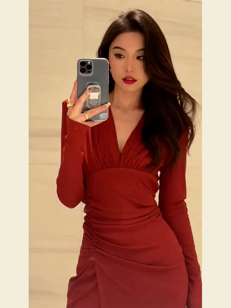 YT91347本命年衣服新年战袍小香风红色连衣裙子法式小红裙