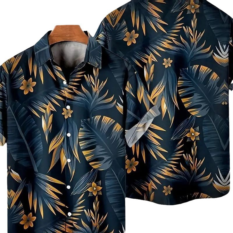 2024 Camisas europeas y americanas transfronterizas nuevas Camisas de solapa de manga corta con estampado digital de tendencia hawaiana