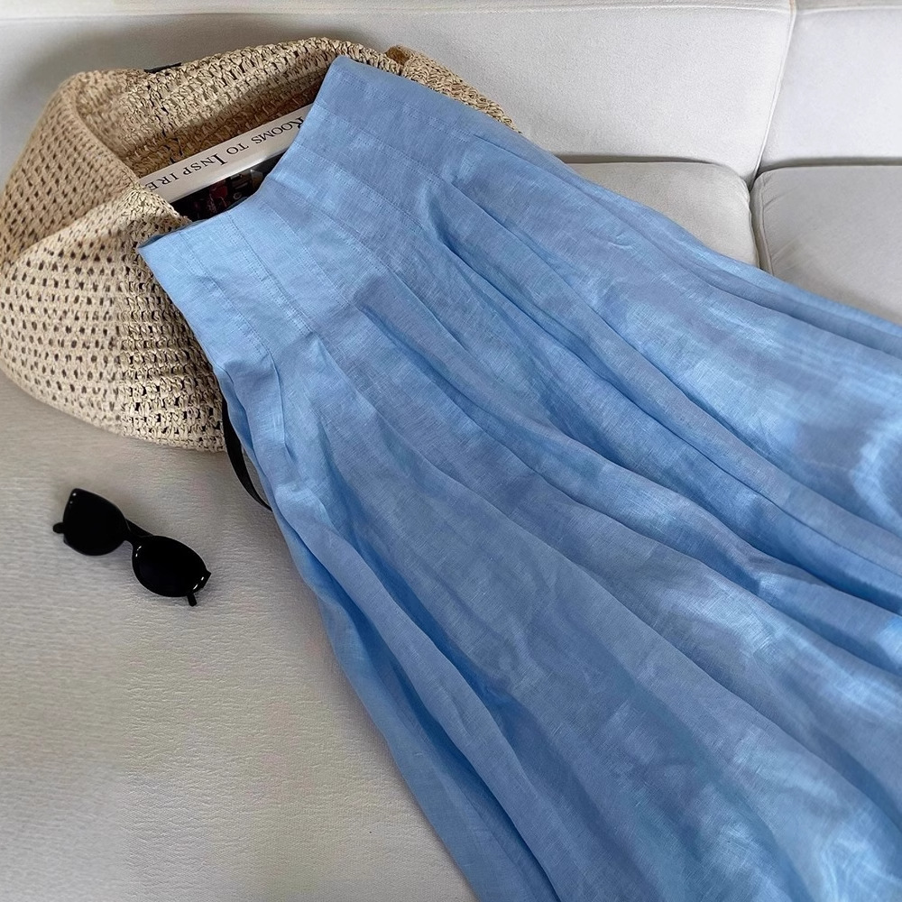 High-end Pleated Tencel Linen Blue Skirt Women's Summer Thin Breathable Mid-length Large Swing Ramie Umbrella Skirt
