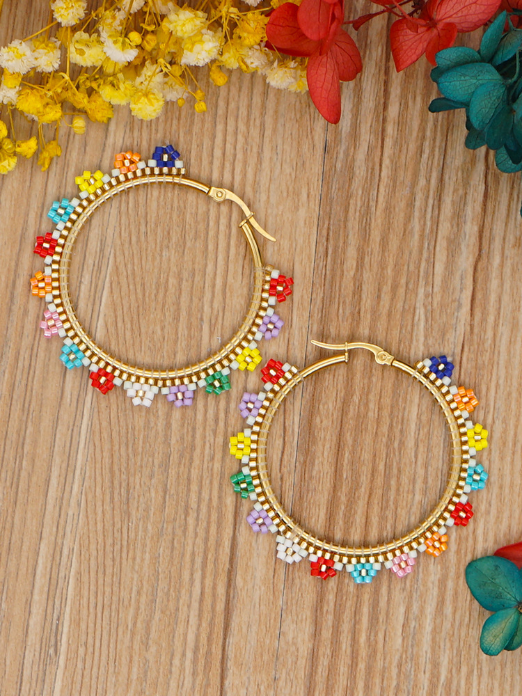 Miyuki Rice Beads Hand-woven Colorful Daisy Beaded Stainless Steel Large Circle Exaggerated Earrings display picture 5