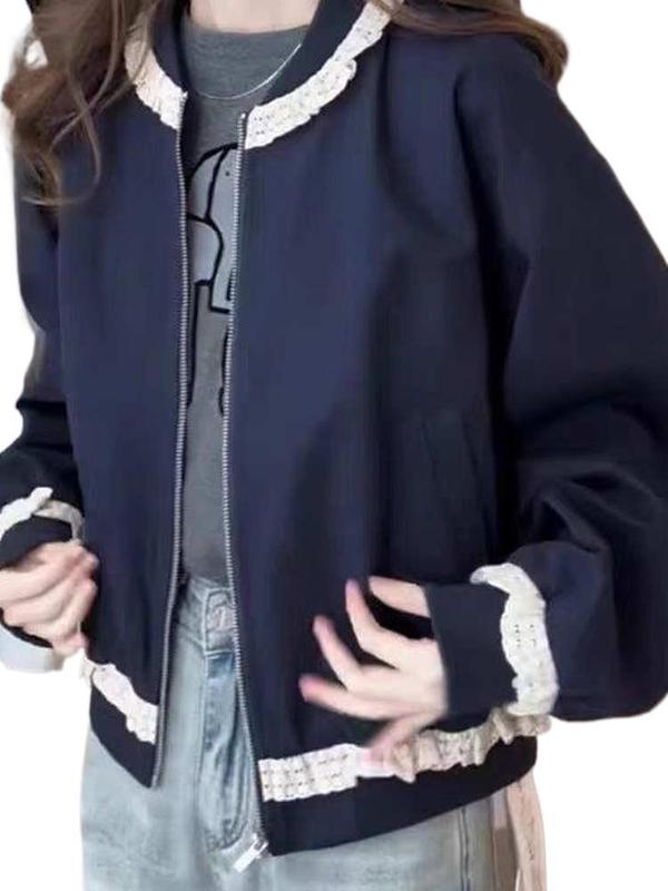 2025年春秋新款韩系蕾丝花边短外套女宽松棒球服外套减龄|undefined