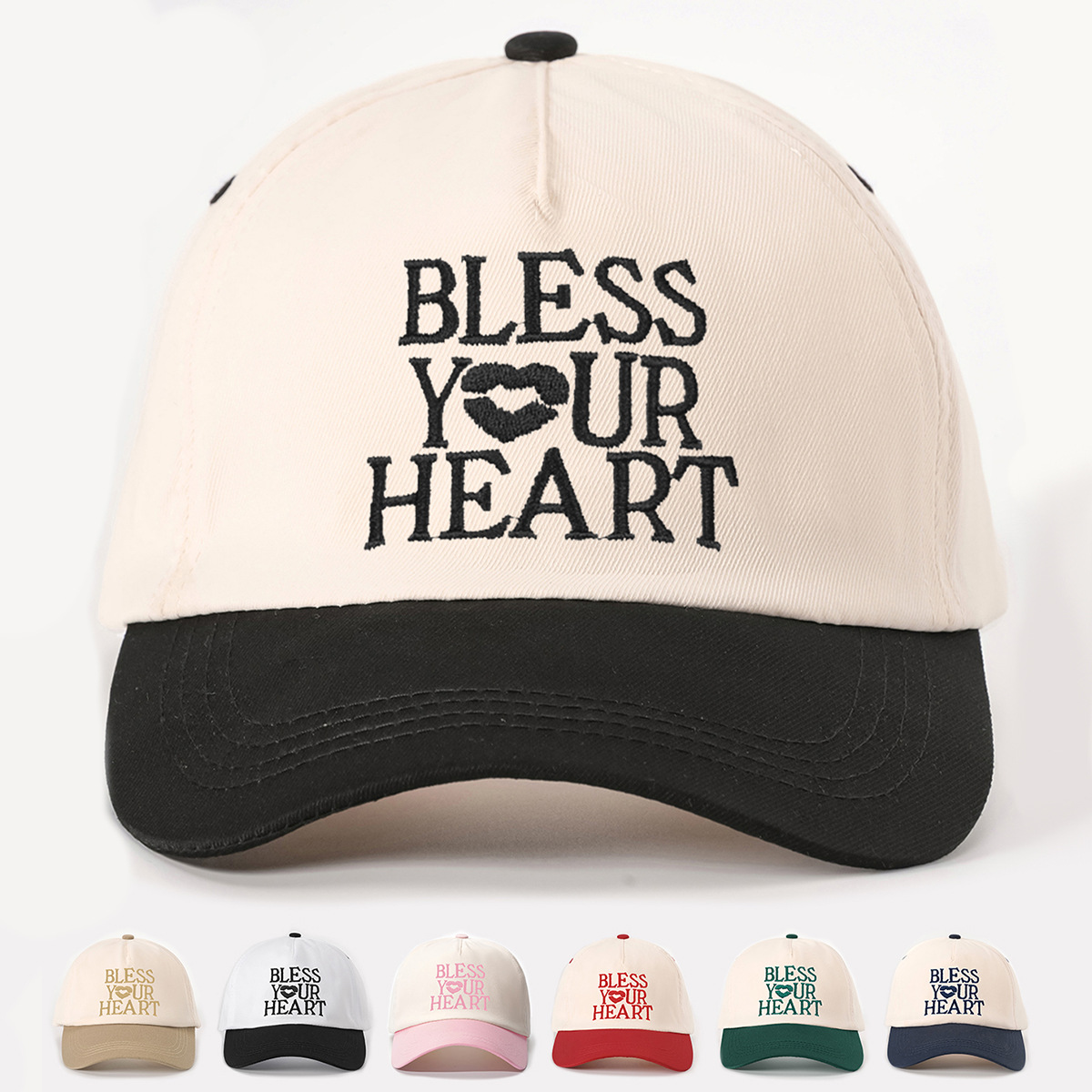 一顶新款刺绣BLESS Y爱心UR拼色棒球帽复古可调节鸭舌帽春夏休闲