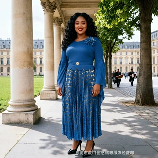 miyake三宅褶皱非洲欧美跨境大码新款时尚烫金百搭飞飞袖连衣裙女