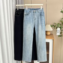 200斤胖妹妹冬季简约加绒牛仔直筒裤大码女新款保暖休闲长裤5723