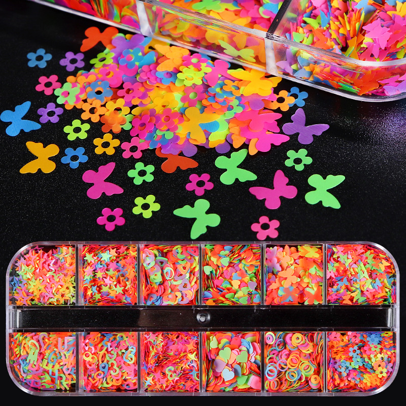 12-rejilla en caja de colores en forma especial lentejuelas mariposa amor flor estrella uñas DIY lentejuelas joyería al por mayor