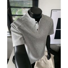 浅灰色解构亨利领t恤男夏季美式boxy版型polo衫短袖痞帅宽松上衣