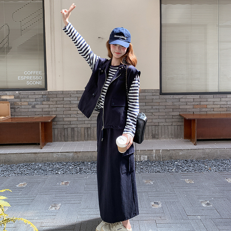 藏青色又酷又飒的穿搭套装女2025秋季新款休闲工装马甲裙子三件套|undefined