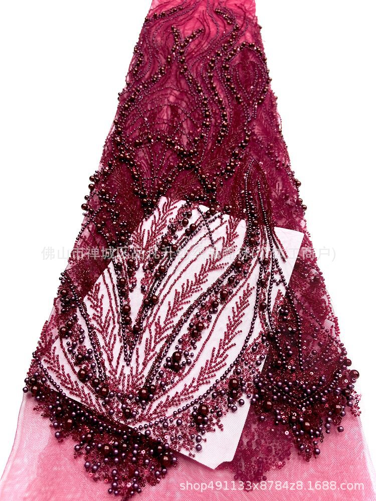 Peacock Feather Heavy Duty Pearl Pipe Mesh Fabric Fonytail Clavado a mano Beads Fishtail vestido de boda tela