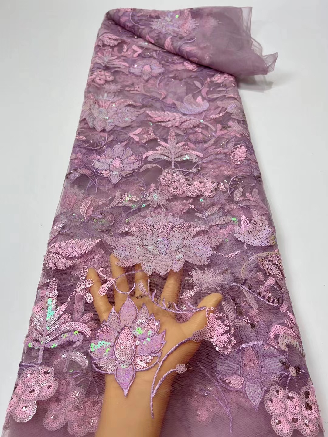 Teñido de punto flor grande suave malla fina encaje europeo y americano fishtail vestido noche lentejuelas tela JX2446