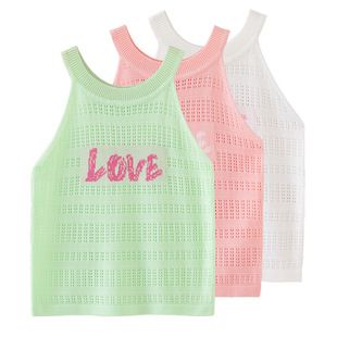 2025 Ice Silk Hollow Girls' Vest Vest Summer Thin Knitted Suspender Top for Small and Medium-Sized Children Dropshipping