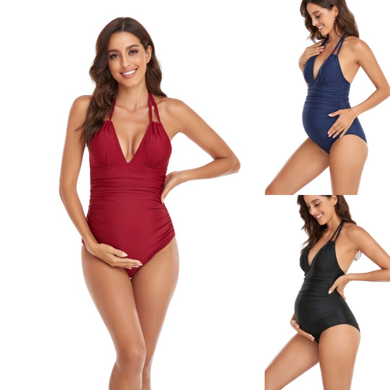 Multi-Color Deep V Backless Swimsuit for Pregnant Women, One-Piece European and American Style Solid Color Conservative Red Maternity Swimsuit