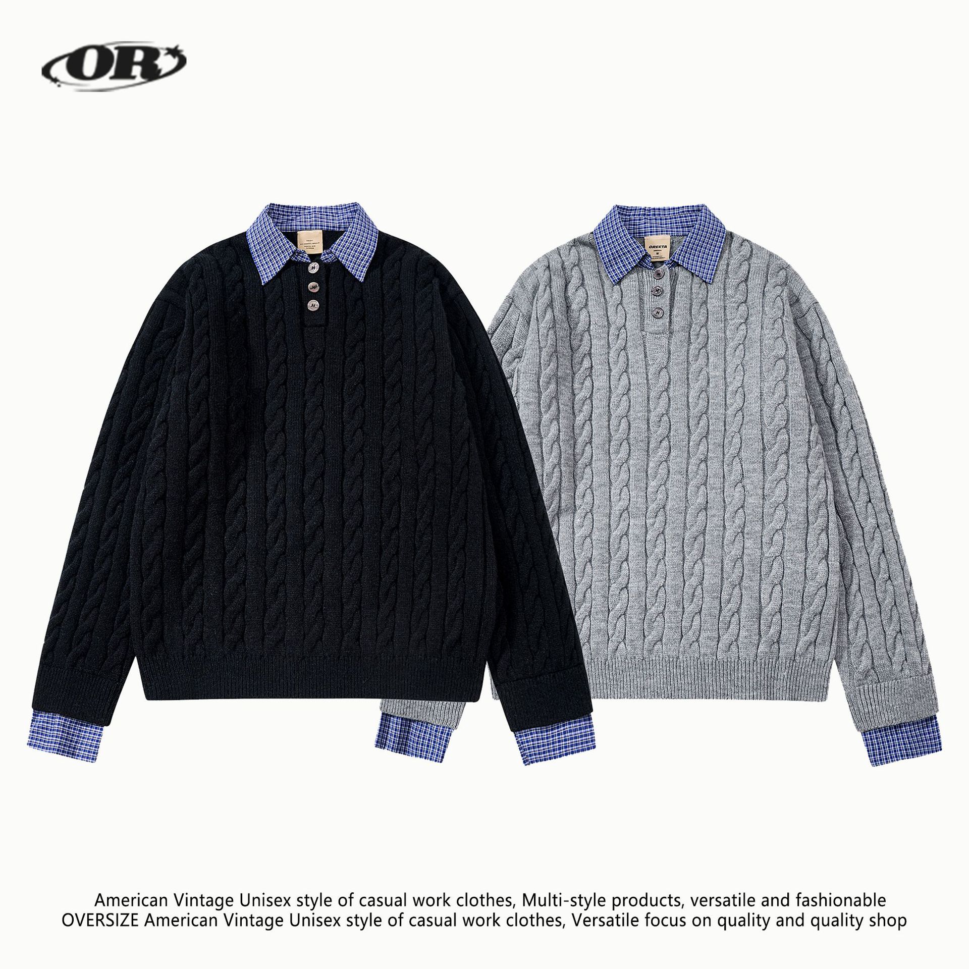 Oreeta丨Old Money Style Fake Two-Piece Cable Knit Sweater for Men and Women, Striped Patchwork, Simple and High-End Knitwear