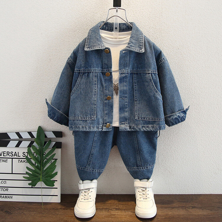 Boys' denim set for spring autumn 2024, new cool explosive street two-piece set, small and medium-sized western-style_voghion.com