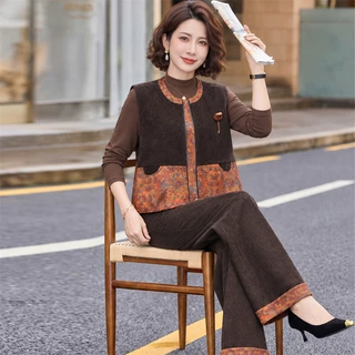 今年流行妈妈套装春秋中式国风显年轻中老年女秋装马甲上衣三件套
