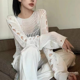 Summer Thin Sunscreen Shirt Women's 2024 New Hollow Shirt Sexy Spice Girl Style Perspective Shirt Hole Design Sense Top