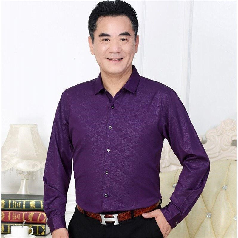 Middle-aged and Elderly Men's Long-sleeved Shirt Cotton Loose-fit plus size Father's Business Printed Shirt Men's Non-ironing Thin Free Shipping