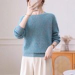 新款七彩花纱加厚羊绒拉绒毛衣圆领套头女拉毛羊毛衫打底宽松慵懒