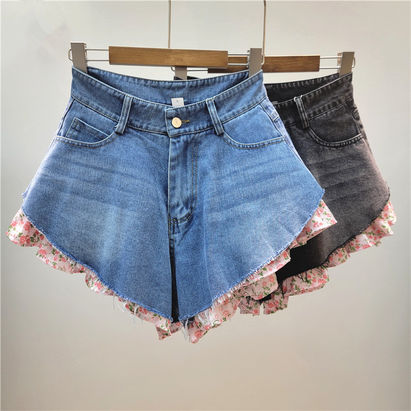 Pantalones Cortos de Mezclilla Efecto Dos Piezas con Estampado Floral para Mujer