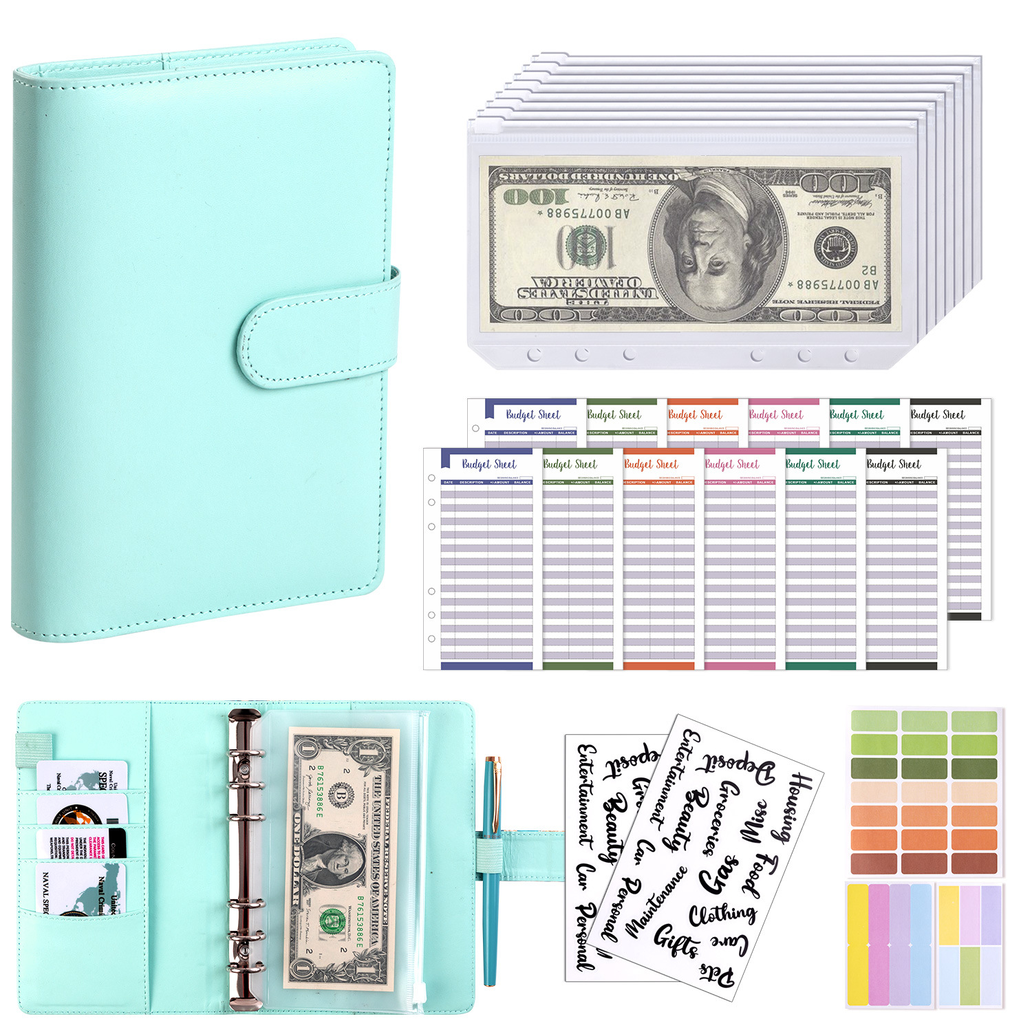 Presupuesto transfronterizo Cash Clip de hojas sueltas Bolsa con cremallera Sobres Libro de cuentas A6 Macarons PU Cuaderno de hojas sueltas de cuero
