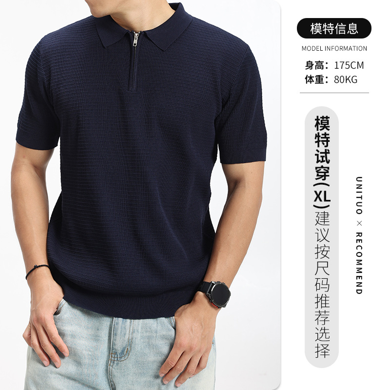 Waffle polo de hielo de punto para hombre con cremallera de collar de manga corta de negocios de alto nivel camiseta casual para hombre