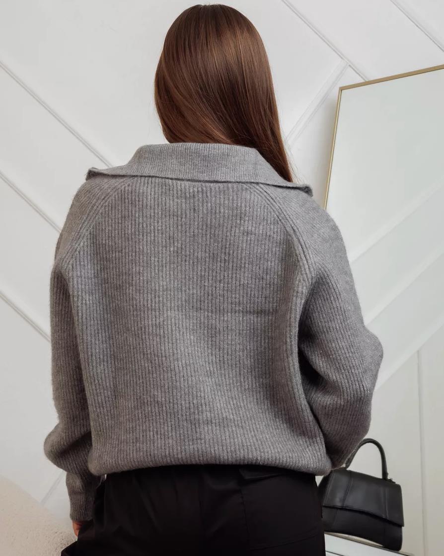 Half zip lapel contrasting loose oversized striped knit sweater for women_voghion.com