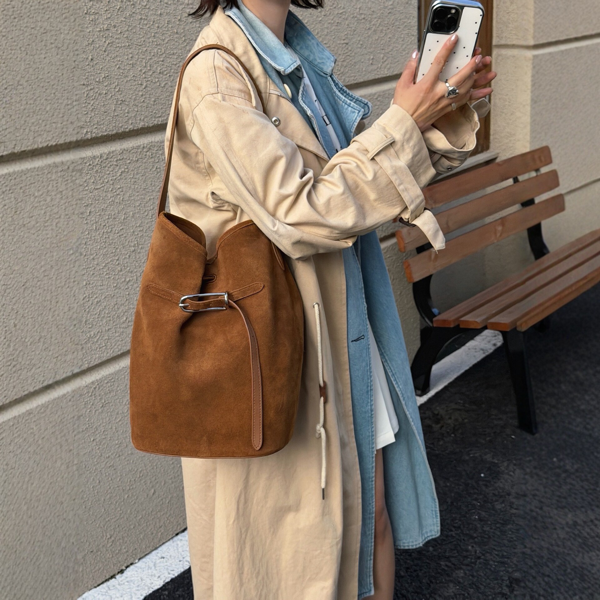 Women's Frosted Leather Bucket Bag, Korean Style Retro Versatile Shoulder Crossbody Bag, Commuter Fashion Trendy Bag
